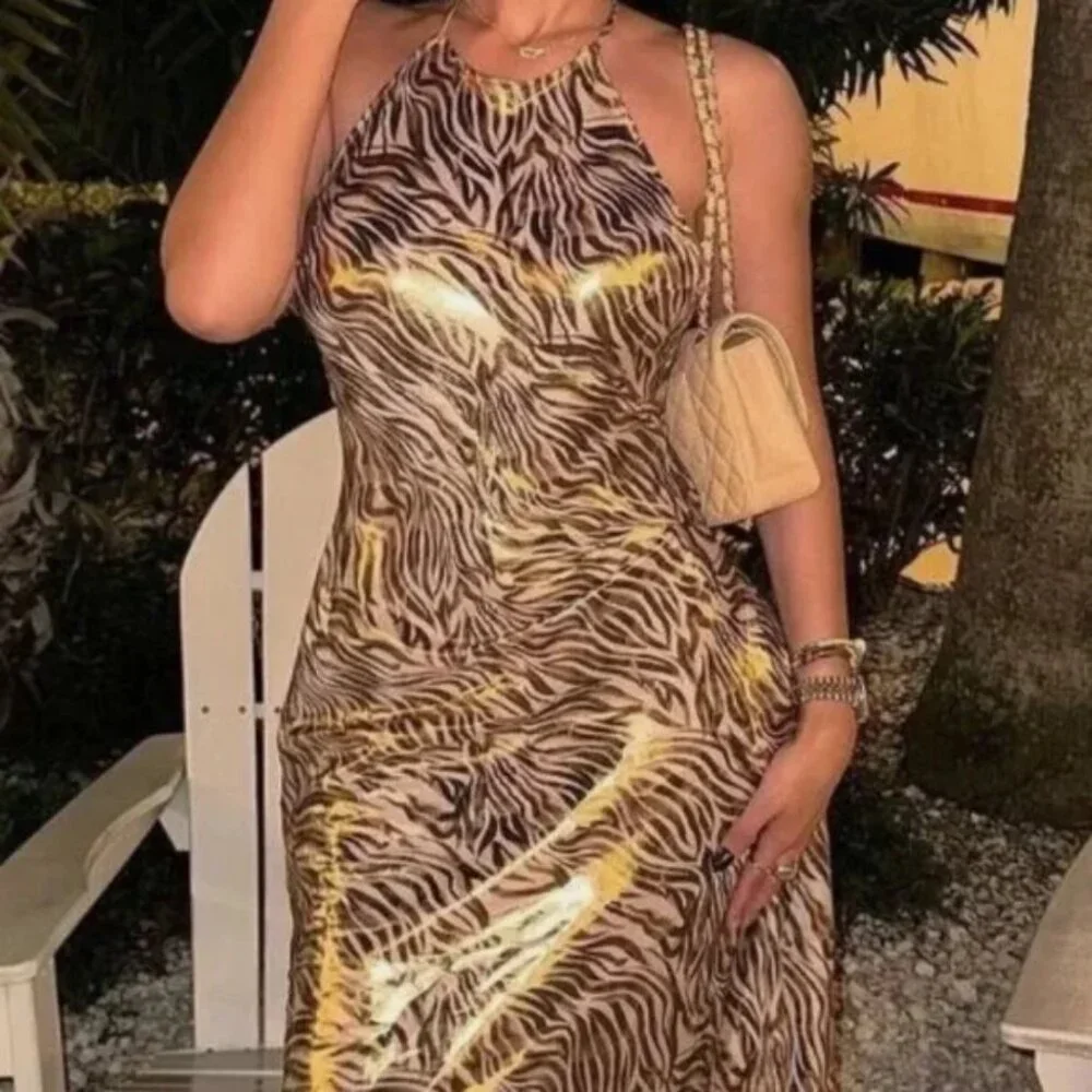 Zara Foil Animal Print Halter Midi Dress